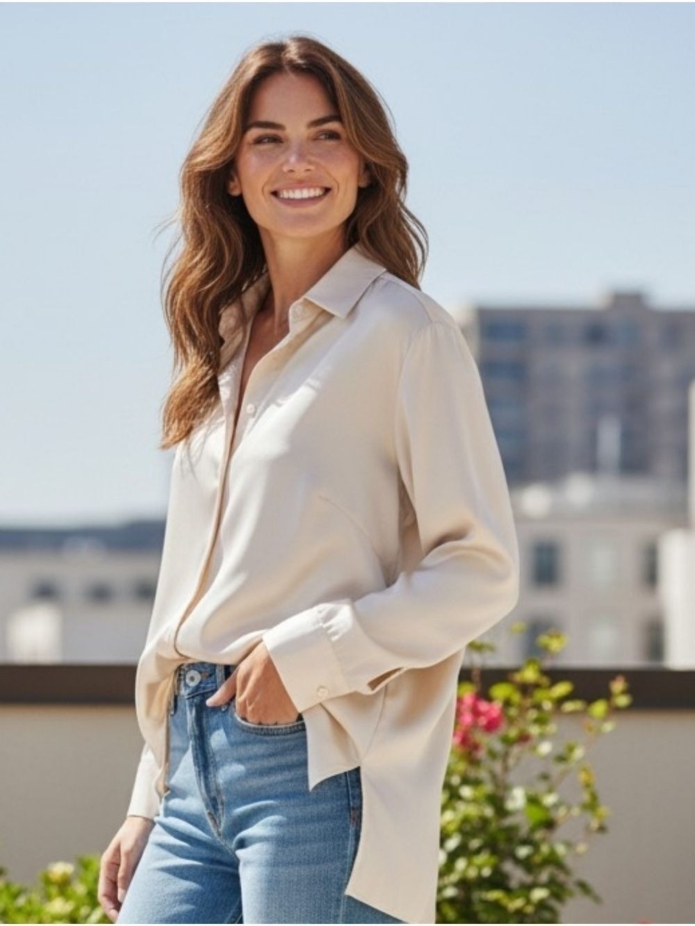 JONES AND CO Champagne Satin Oversized Button Down Shirt 1X